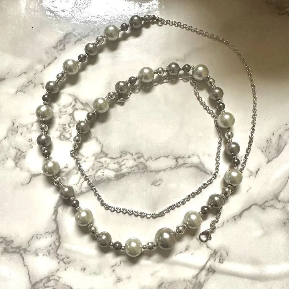 Long faux grey and cream pearl necklace